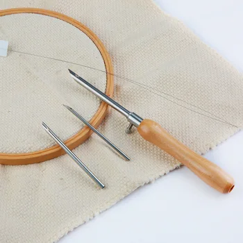 1Pcs 3 сменяеми игли игла за шиене Craft Punch игла Threader Дървена дръжка Инструмент Шевни аксесоари