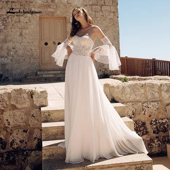 2021 Нова линия Бохо Бийч Сватбени рокли със свалящи се ръкави Дантелена апликация Елегантни булчински рокли халат de mariee Lakshmigown