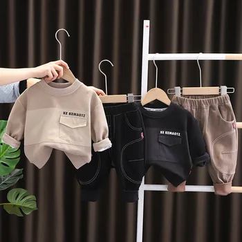 2023 Корейски пролет есен деца момче 2PCS дрехи комплект дълъг ръкав писмо суитчър дънки панталони костюм малко дете бебе момче облекло