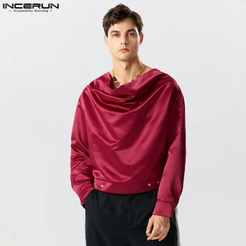 2023 Мъжка риза плътен цвят сатен V врата дълъг ръкав улично облекло Camisas хлабав мода случайни мъжки нередовни ризи S-5XL INCERUN