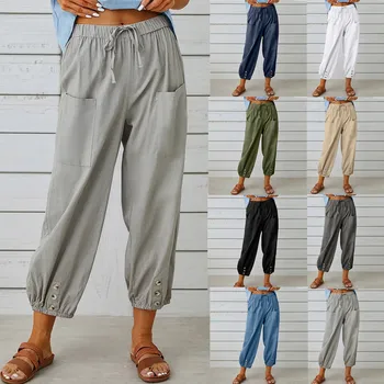 2023 Ново лято жените хлабав висока талия бутон памук коноп панталони изрязани панталони широк крак женски & дама мода случайни панталони