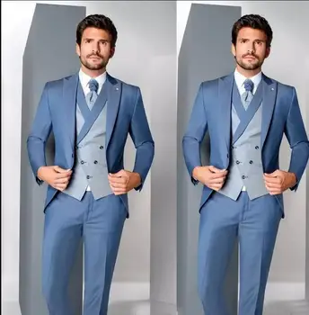 2023 Персонализирани сини официални сватбени костюми за мъжка мода младоженец абитуриентско парти Mans Tuxedos Blazers trajes de hombre costume homme 턱시도