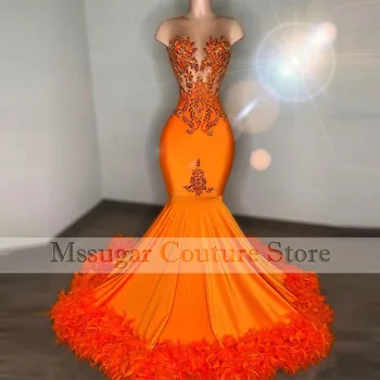 2023 Южноафрикански оранжеви русалка абитуриентски рокли Мъниста отвесни врата перо почистване влак вечерни рокли обичай официална парти рокля