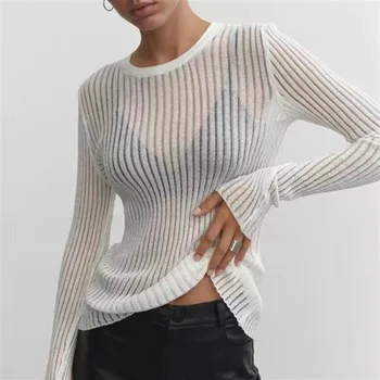 2024 Пролет лято плетен пуловер тънък дишащ дълъг ръкав корейски плетена перспектива вълна отгоре нови трикотажи елегантен 30405