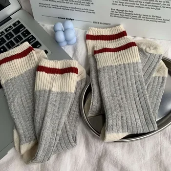 3Pcs ретро памучни чорапи есен и зима двойка контраст ивица дебели игла чорапи за мъже и жени