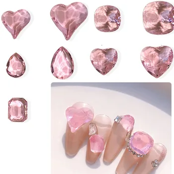 50PCS Смесете размер сърце гланцово стъкло кристали розови камъни скъпоценни камъни / водни капчици / правоъгълник за DIY нокти изкуство декорации аксесоари