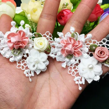 5X разтворими 3D цветни цветя перлена дантела подстригване панделка плат ръчно изработени бродирани окото шевни занаяти за костюм шапка декорация
