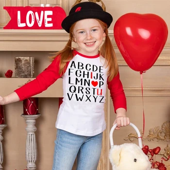 ABC I Love U Print Shirt Alphabet Kids Raglan T-shirt Children Valentine's Long Sleeve Clothes Valentine Outfit for Girls Boys