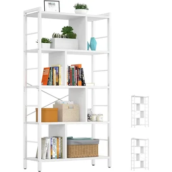 armocity White Bookshelf 5 Tier Industrial Bookcase Standing Book Shelf, за спалня Всекидневна Домашен офис