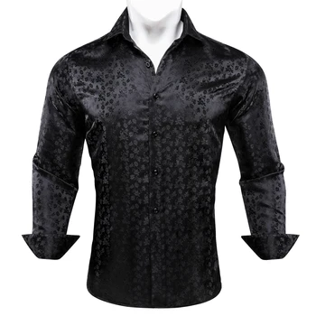 Barry Wang Мъжки ризи Черни флорални копринени бродирани дълъг ръкав тънък причинно-следствен завой надолу дишаща Colorfast мъжки дрехи върхове
