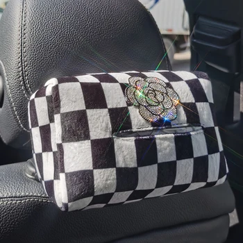 Bling Rhinestone Tissue Holder за кола BackSeat салфетка кутия черно и бяло кариран класически дизайн