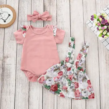 Boutique момиче дрехи Hot 3Pcs новородено бебе момичета дете върховете гащеризон флорални пола екипировки комплект дрехи