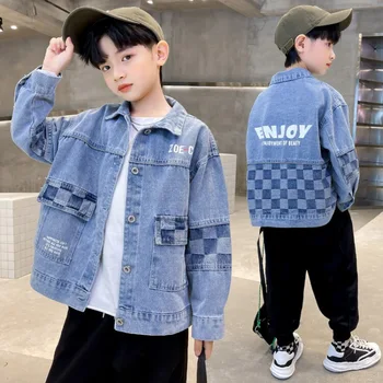 Boys Jeans Coat Kids Grid Printed Връхни дрехи 2023 Пролет Есен Тийнейджъри Топло яке 3 до 14Yrs Детски спортни дрехи