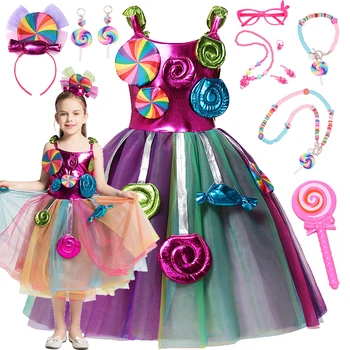 Candy принцеса рокля бебе момичета парти бонбони косплей костюм детски дрехи дъга принцеса рокля Пурим парти облекло