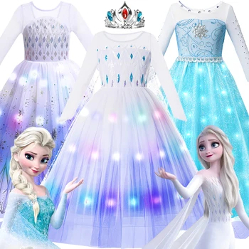 Disney Frozen Princess LED Light Up Dress Baby Girls Елза Анна Косплей костюм Пурим карнавал рожден ден облекло 2-10 години