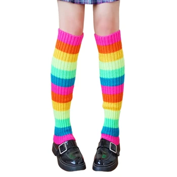 E15E Жени 80-те ретро парти оребрени плетени крака нагреватели дъга многоцветен раиран крак покритие ръкав танц спорт дълги чорапи