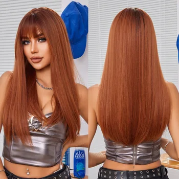 Emmor Дълга права перука с Bang Orange Iron Red Ginger синтетични перуки за жени Daily Party Cosplay топлоустойчива коса
