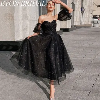 EVON BRIDAL 2024 Очарователни вечерни рокли от черен тюл Принцеса без презрамки Парти рокли без презрамки Дължина на чая A-Line Vestido De Festa