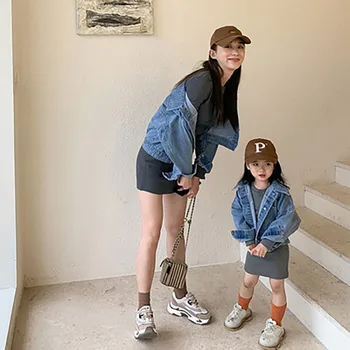 Family Look Autumn New Family Matching Outfit Denim Jacket Stretch Knitted Dress Suit Family Look