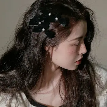 FANYIN Нов ретро елегантен черен кадифе лък перла коса клипове за жени момичета бретон клип шапки корейски аксесоари за коса заколки
