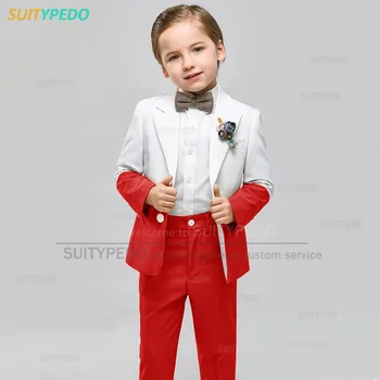 Fashion Red Boy Suit Set Официални детски смокинги за абитуриентско парти Сватбено изпълнение Специално изработени ежедневни детски панталони Blazer 2 броя