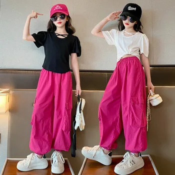 Fashion Summer New Girls Cross Bandage Top + Cargo Pants Suits 4-14 Years Old Girls Streetwear Outfits Sets Teenage Cool Clothes