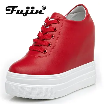 Fujin 11CM клин помпи дантела нагоре мокасини жени платформа висока марка естествена кожа пролетни летни обувки скрити токчета женски обувки