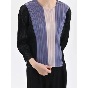 GGHK Miyake плисирани жени тениска цвят блок кръг врата дълги ръкави случайни ретро върховете 2023 есен нов дизайн женски дрехи