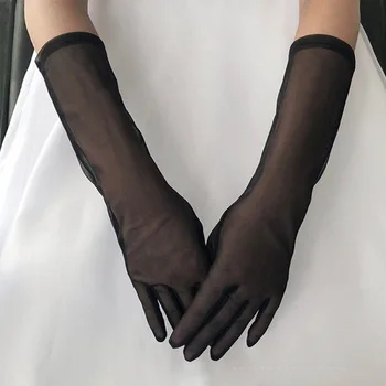 Girls White 38cm сватба дълго анти-UV еластична изкуствена коприна прозрачни мрежести ръкавици Opera ръкавици пръст ръкавици ръкавици