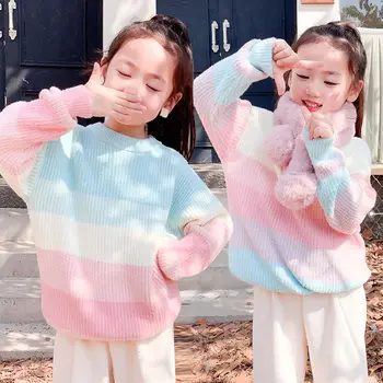 Girls Пролет Есен Зима Стилен Rainbow корейски стил пуловер плетен пуловер 2-11 години екипировки и подложка Топ облекло