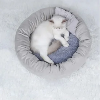 Gray Cat Bed Dog Bed Thicker, Send Pillows, Comfortable Cotton Velvet Round Four Seasons Подходящ за гнезда за домашни любимци