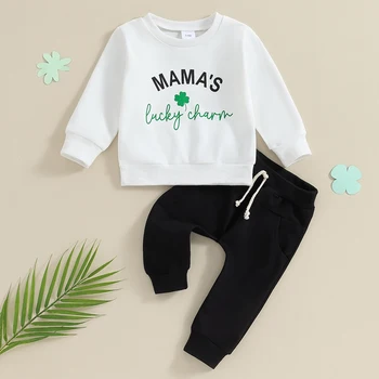Infant Toddler Baby Boy Girl Clothes Mama s Lucky Charm Clover Sweatshirt Pullover Tops Плътен цвят панталони Set Ден на Свети Патрик