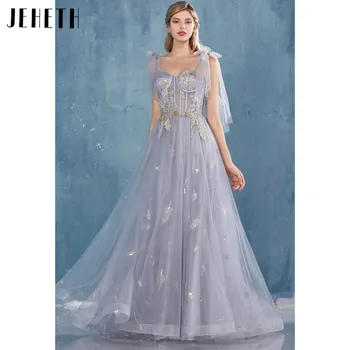 JEHETH Blue A-line абитуриентска рокля Елегантна спагети каишка парти вечерна рокля тюл цвете дантела апликации Рожден ден فستان سهرةBackless