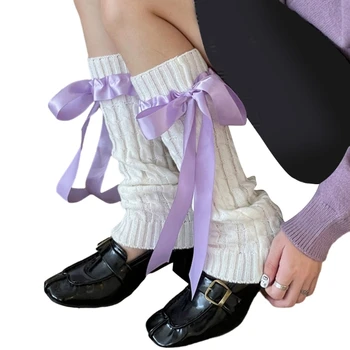 L93F Дамски плетени крака нагреватели балет стил лък превръзка коляното висок крак Sover чорапи Preppy чорапи Dopareine дрехи