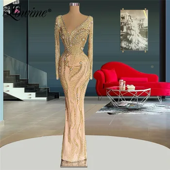 Lowime Официални дълги арабски вечерни рокли 2022 русалка дантела парти рокли мода жени знаменитост рокли с кристали мъниста