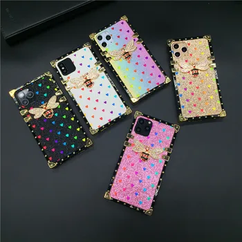 Luxury Bling Love Heart Cover Gold Glitter Bee Square Case за Samsung S23 Ultra S22 Plus Note 20 10 9 8 S20 FE S2 Ultra S9 S10