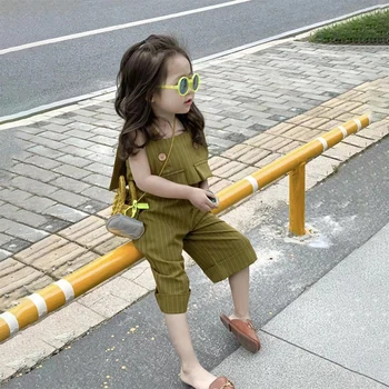 Melario раирани детски дрехи комплект корейски момичета костюм лято нова жилетка широк крак панталони едно парче костюм момичета панталони едно парче гащеризон