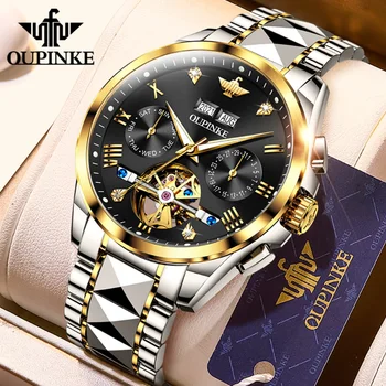 OUPINKE 3186 Топ мъжки часовници Луксозен сапфирен автоматичен механичен часовник за човек волфрамова стомана Tourbillon Wristwath Календар