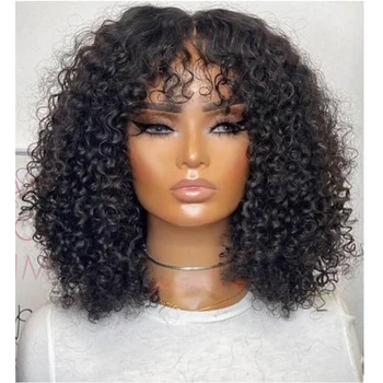Preplucked 14Inch Glueless 180Density Short Bob Curly With Bangs Black Lace Front Wig For Women With BabyHair Daily Cosplay
