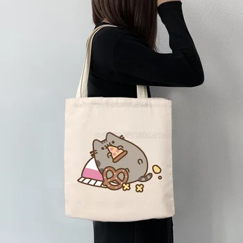 Pusheen голяма пазарска чанта за многократна употреба хранителни чанти карикатура отпечатани икономичен плат пазарска чанта сгъваема платно чанта за реклами промоция подарък