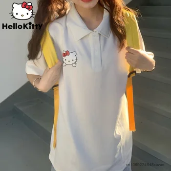 Sanrio Hello Kitty Поло ризи Y2k студент къс ръкав карикатура бял хлабав тениска жени лято сладък върховете женски тенденция облекло