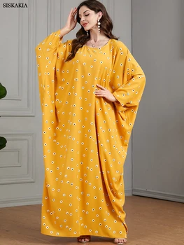 Siskakia Eid abayas За мюсюлмански жени Домашно облекло Флорални Batwing ръкав Макси размер Саудитска Турция ислям облекло марокански арабски роба
