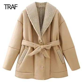 TRAF Faux кожено яке Дамско яке есен зима вълна смес палто дълъг ръкав колан отгоре ново в палта топло яке високо качество
