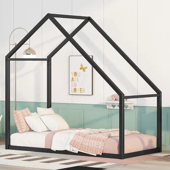 Twin Size Metal House Bed Детско легло, черно