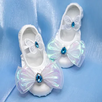 White Bowknot Детски танцови обувки Практика Котешки нокът Темперамент на обувки Елегантен балет Детска градина Изпълнение Танцови обувки
