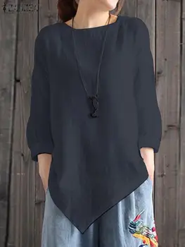 ZANZEA Мода Асиметрична блуза Дамска мода O врата ризи с дълъг ръкав Причинно-следствени торбести върхове Есенен пуловер Mujer туника Femme