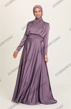 Апликации за рамо Мъниста Мюсюлмански вечерни рокли Дълъг ръкав Ислямски официални партийни рокли Високо деколте Жени Арабски халати De Soirée