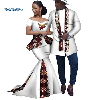 Африкански печат дълги пачуърк рокли за жени Bazin Riche Мъжка горна риза Двойка Облекло Африкански любовници Двойка дрехи WYQ253