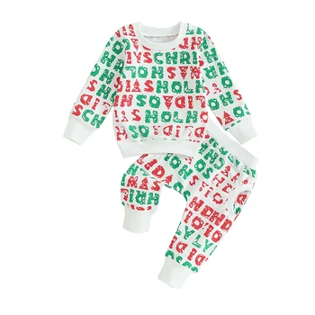 Бебешки панталон комплект, писма печат дълъг ръкав екипажа врата суитчър с ластик Sweatpants Коледа облекло за момичета момчета