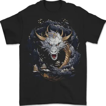 Бяла японска драконова фентъзи мъжка тениска 100% памук